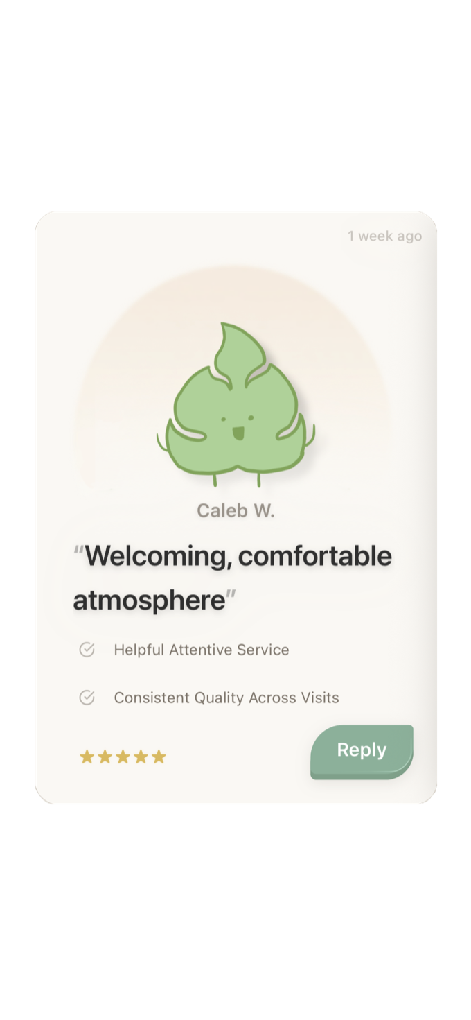 ReVloom review card from Caleb W. — five stars, welcoming comfortable atmosphere