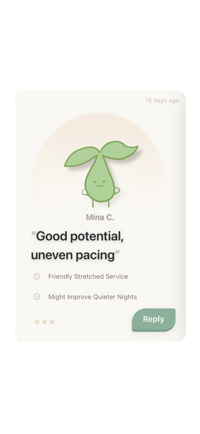 ReVloom review card from Mina C. — three stars, good potential with uneven pacing