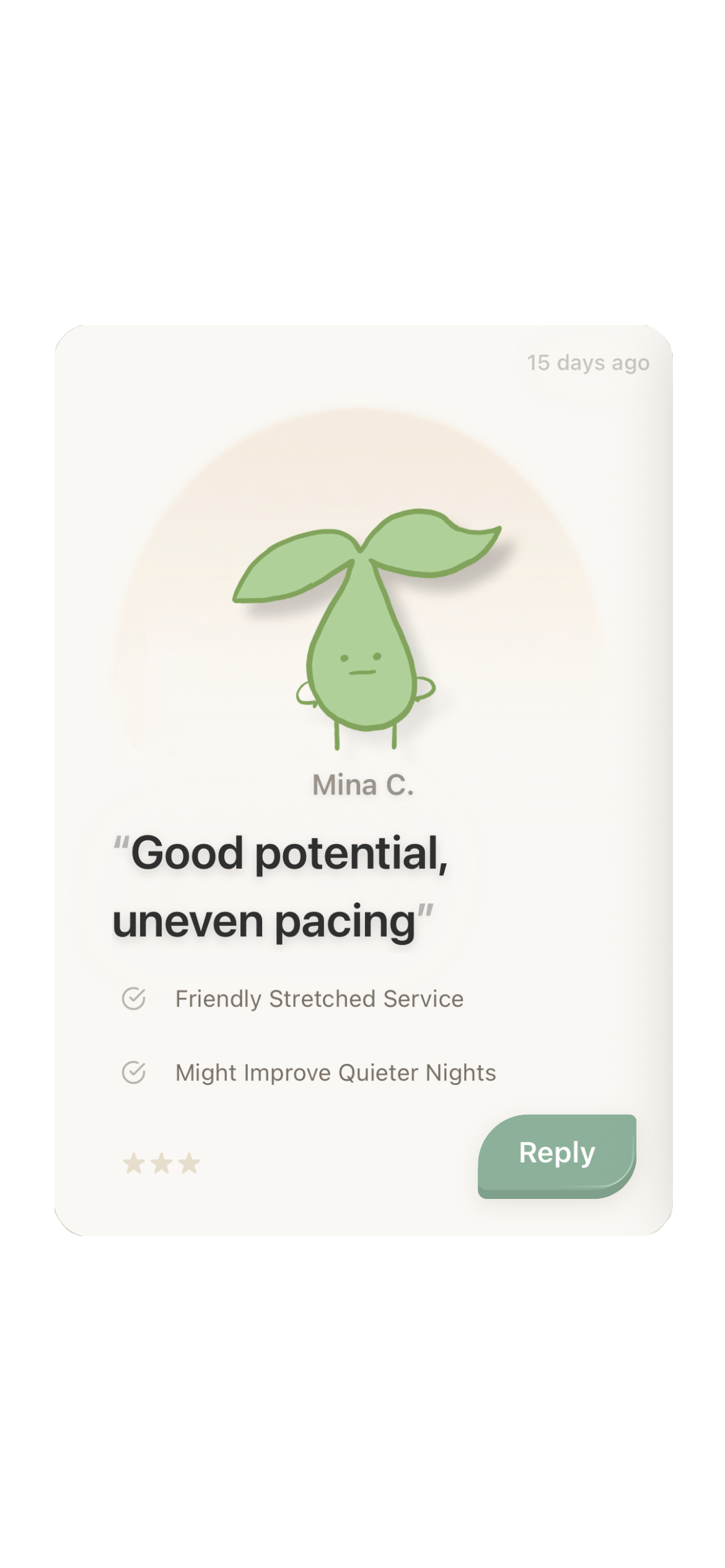 ReVloom review card from Mina C. — three stars, good potential with uneven pacing